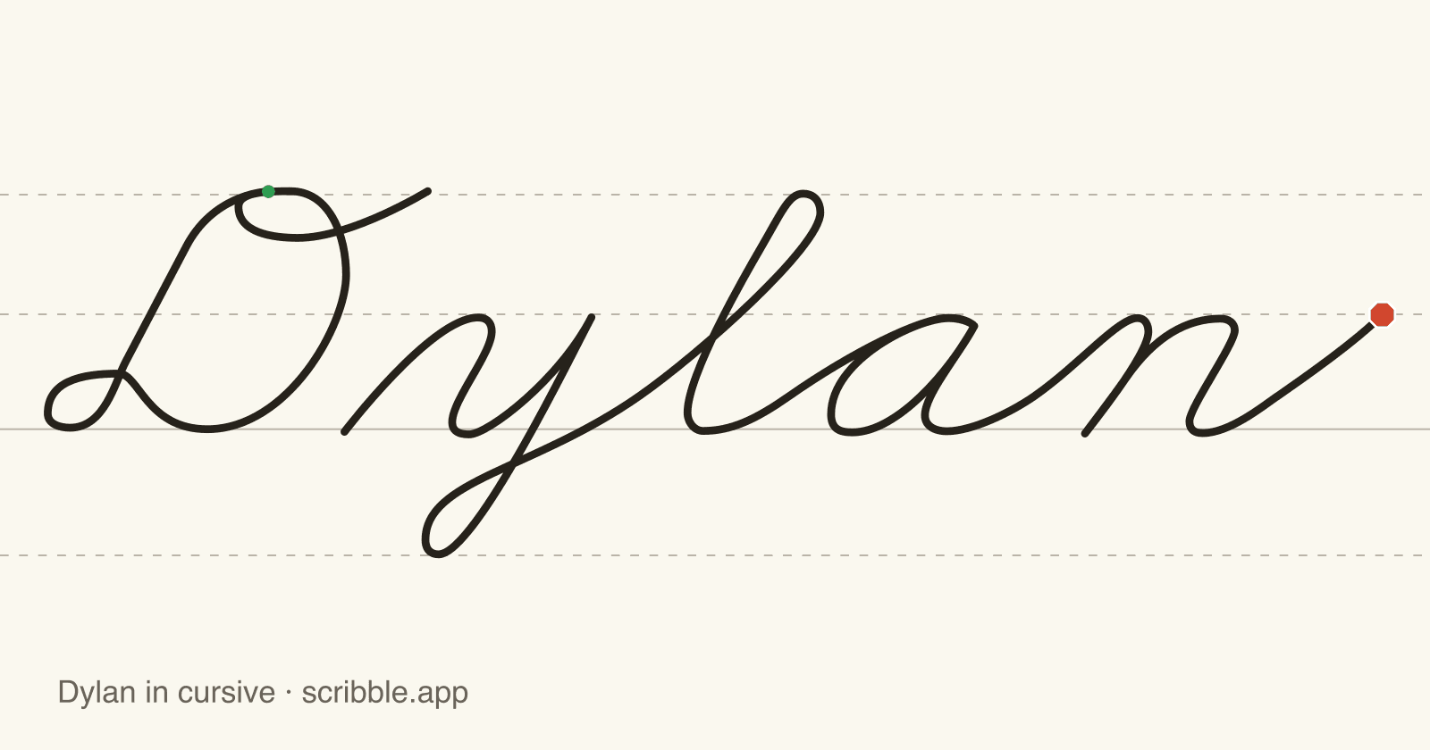 Dylan written in cursive on handwriting guidelines, with a green starting dot and a red stop sign