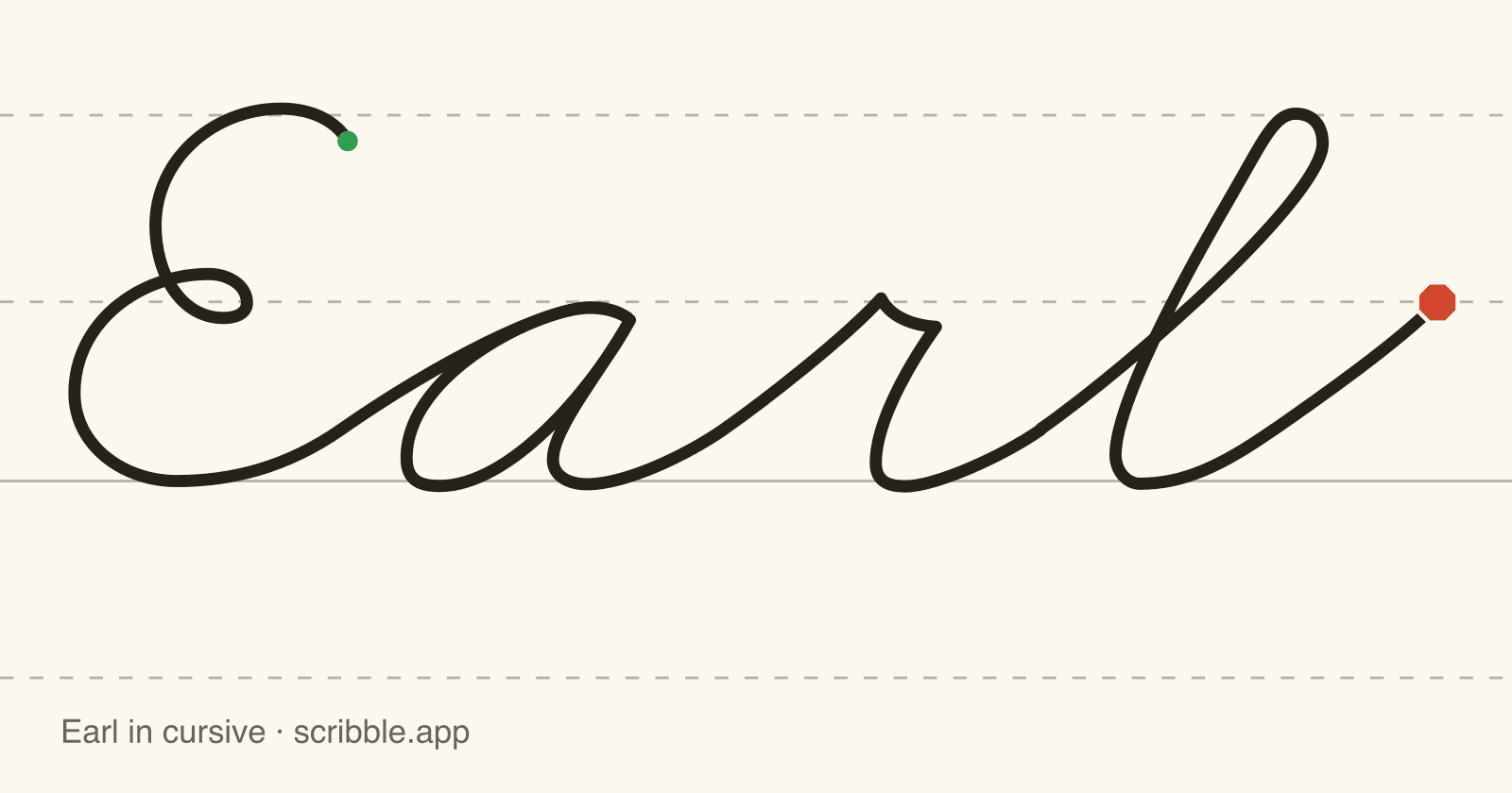 Earl written in cursive on handwriting guidelines, with a green starting dot and a red stop sign