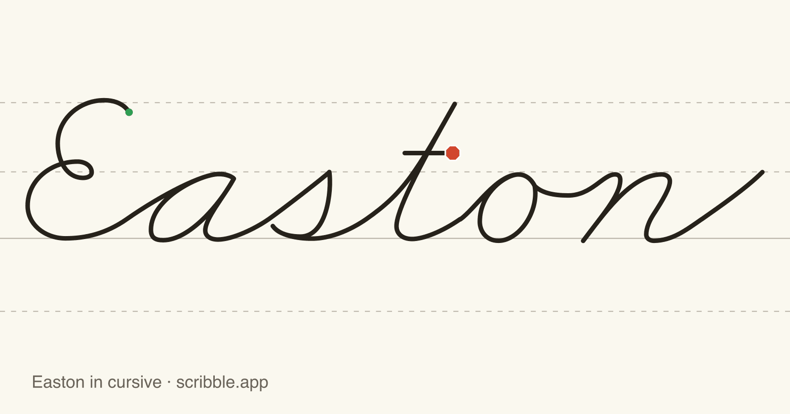 Easton written in cursive on handwriting guidelines, with a green starting dot and a red stop sign