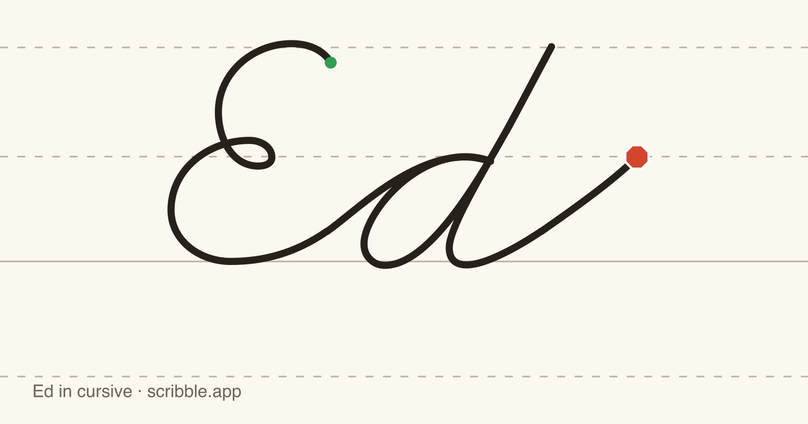 Ed written in cursive on handwriting guidelines, with a green starting dot and a red stop sign