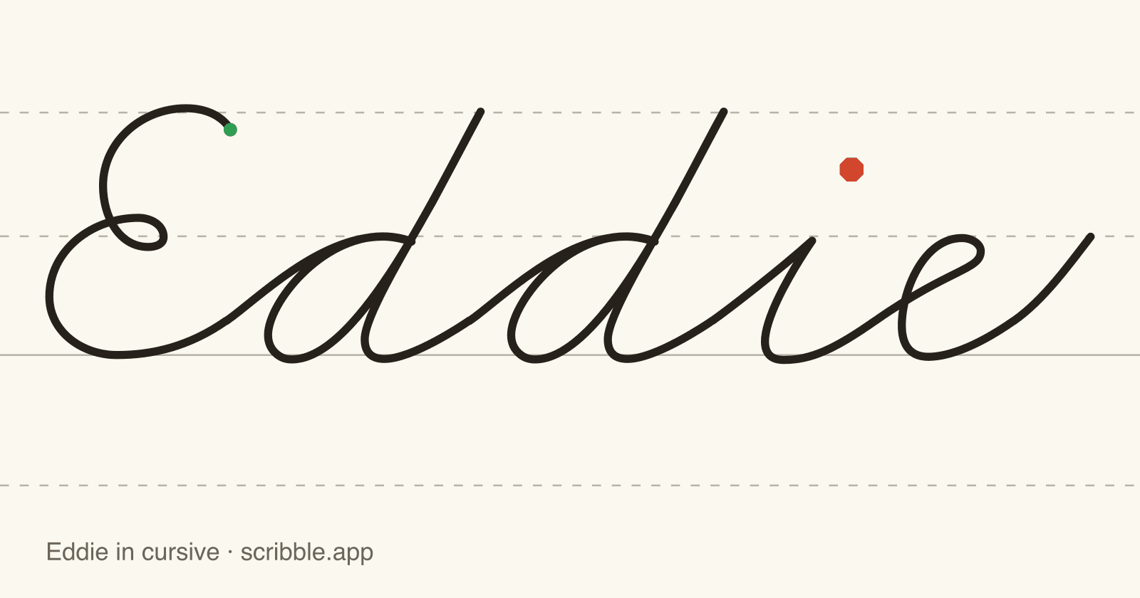 Eddie written in cursive on handwriting guidelines, with a green starting dot and a red stop sign