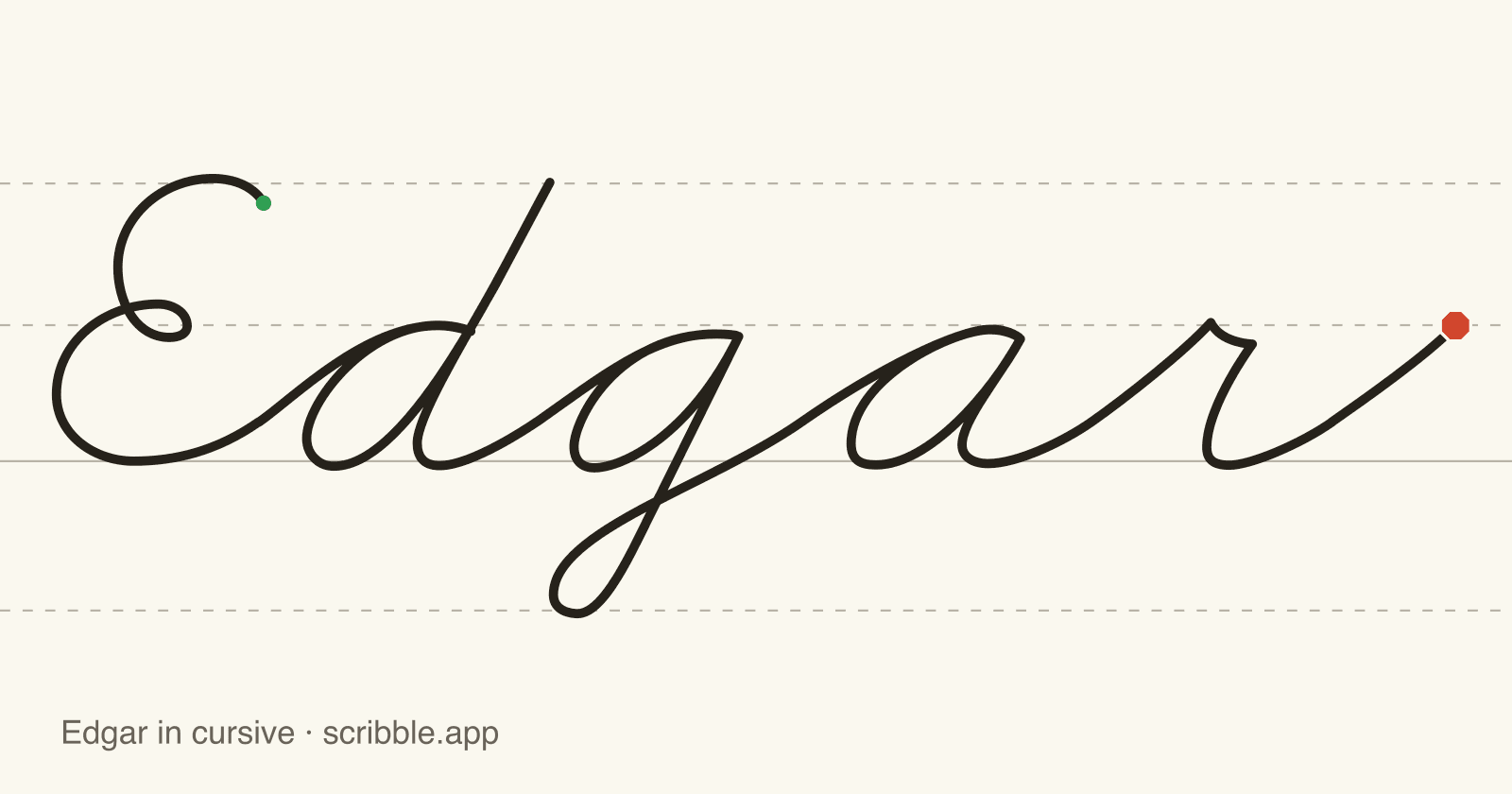 Edgar written in cursive on handwriting guidelines, with a green starting dot and a red stop sign