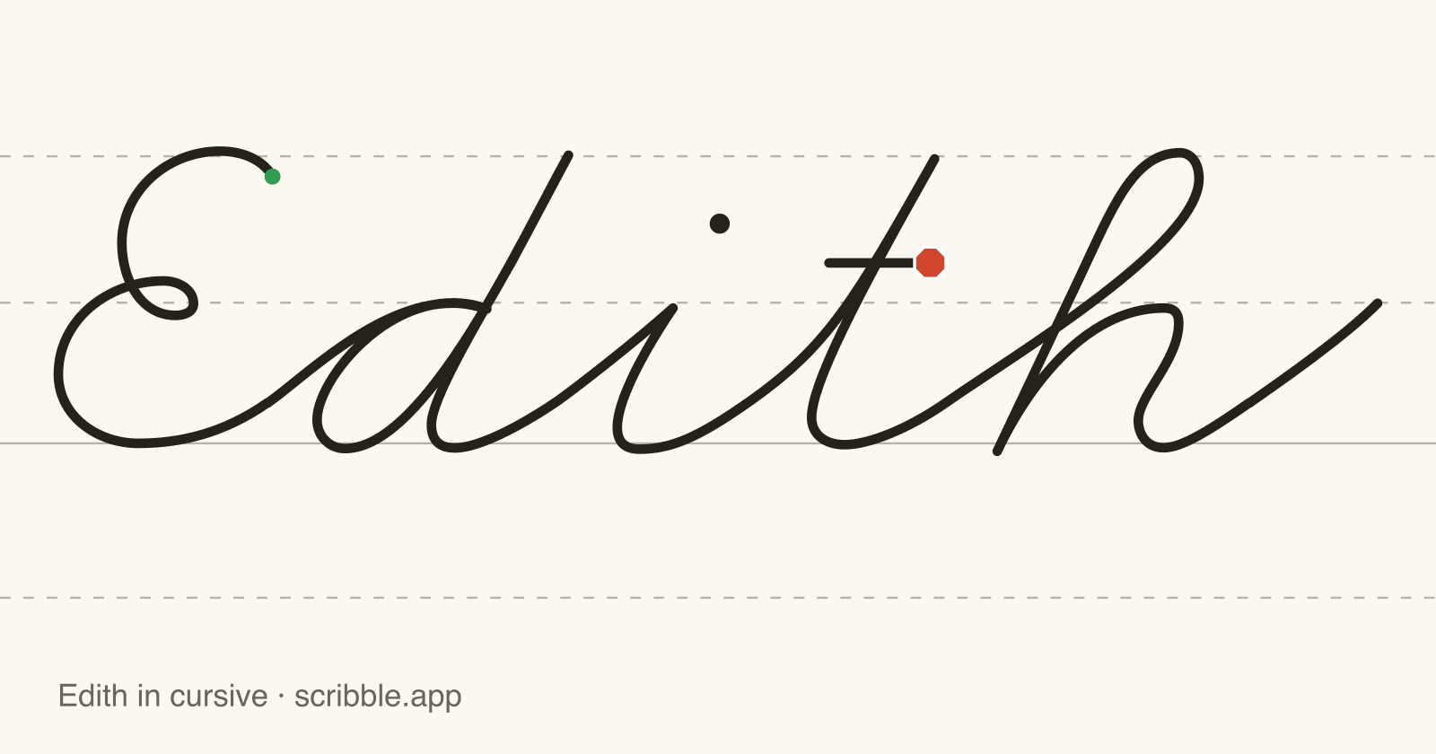 Edith written in cursive on handwriting guidelines, with a green starting dot and a red stop sign