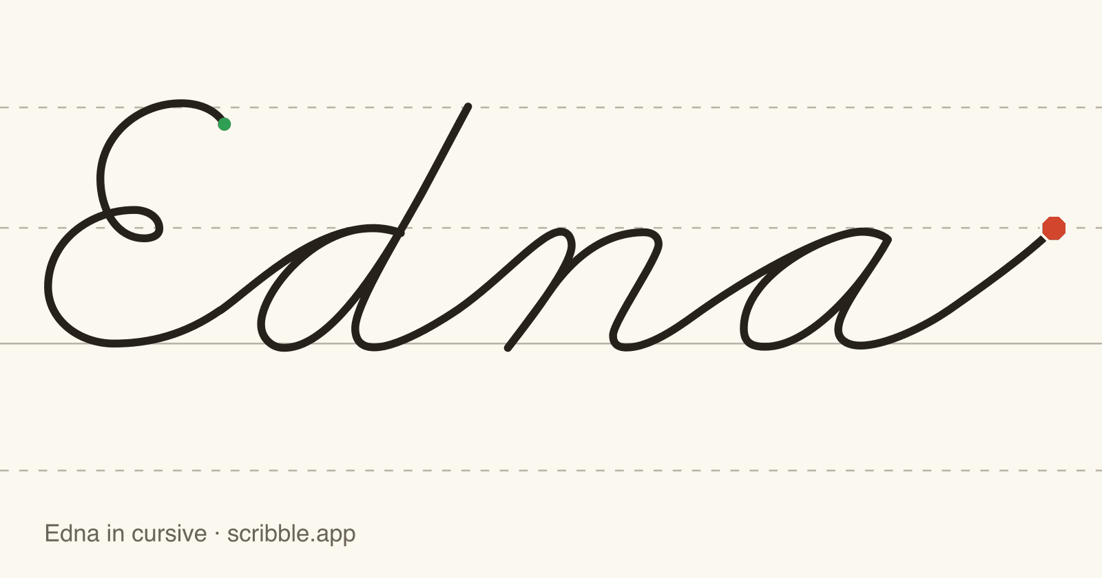 Edna written in cursive on handwriting guidelines, with a green starting dot and a red stop sign