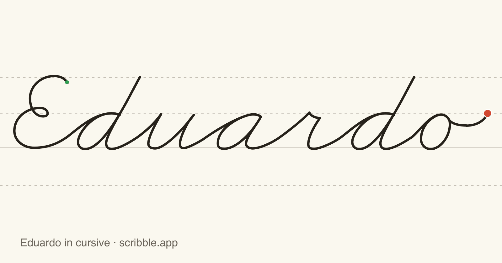 Eduardo written in cursive on handwriting guidelines, with a green starting dot and a red stop sign