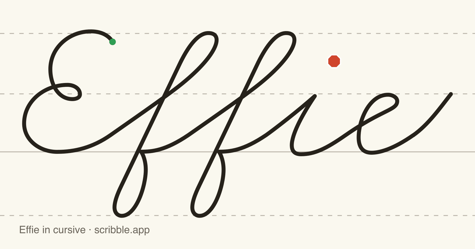 Effie written in cursive on handwriting guidelines, with a green starting dot and a red stop sign