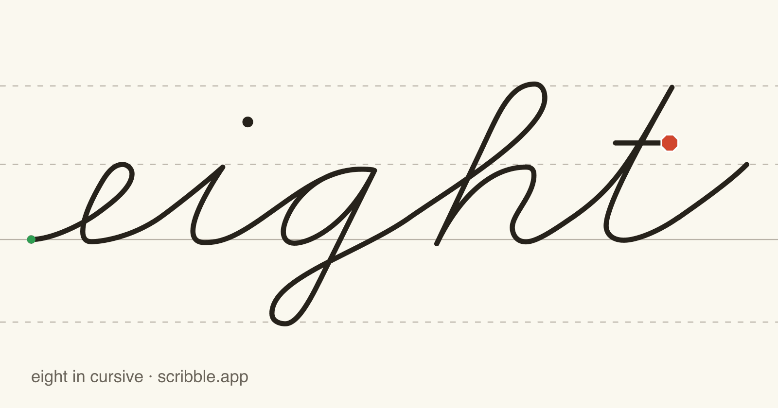 eight written in cursive on handwriting guidelines, with a green starting dot and a red stop sign