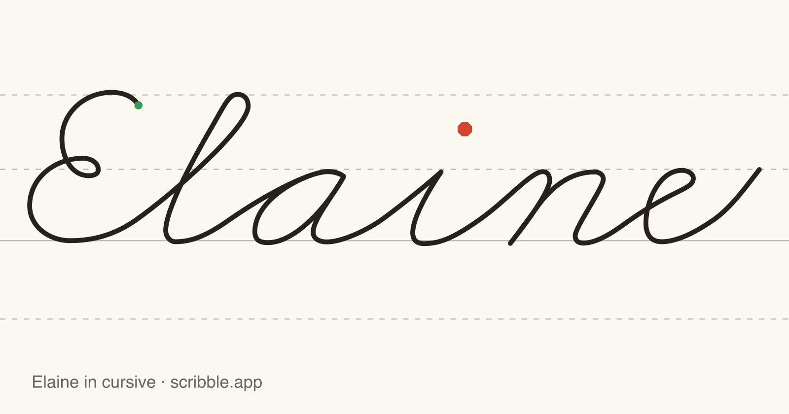 Elaine written in cursive on handwriting guidelines, with a green starting dot and a red stop sign