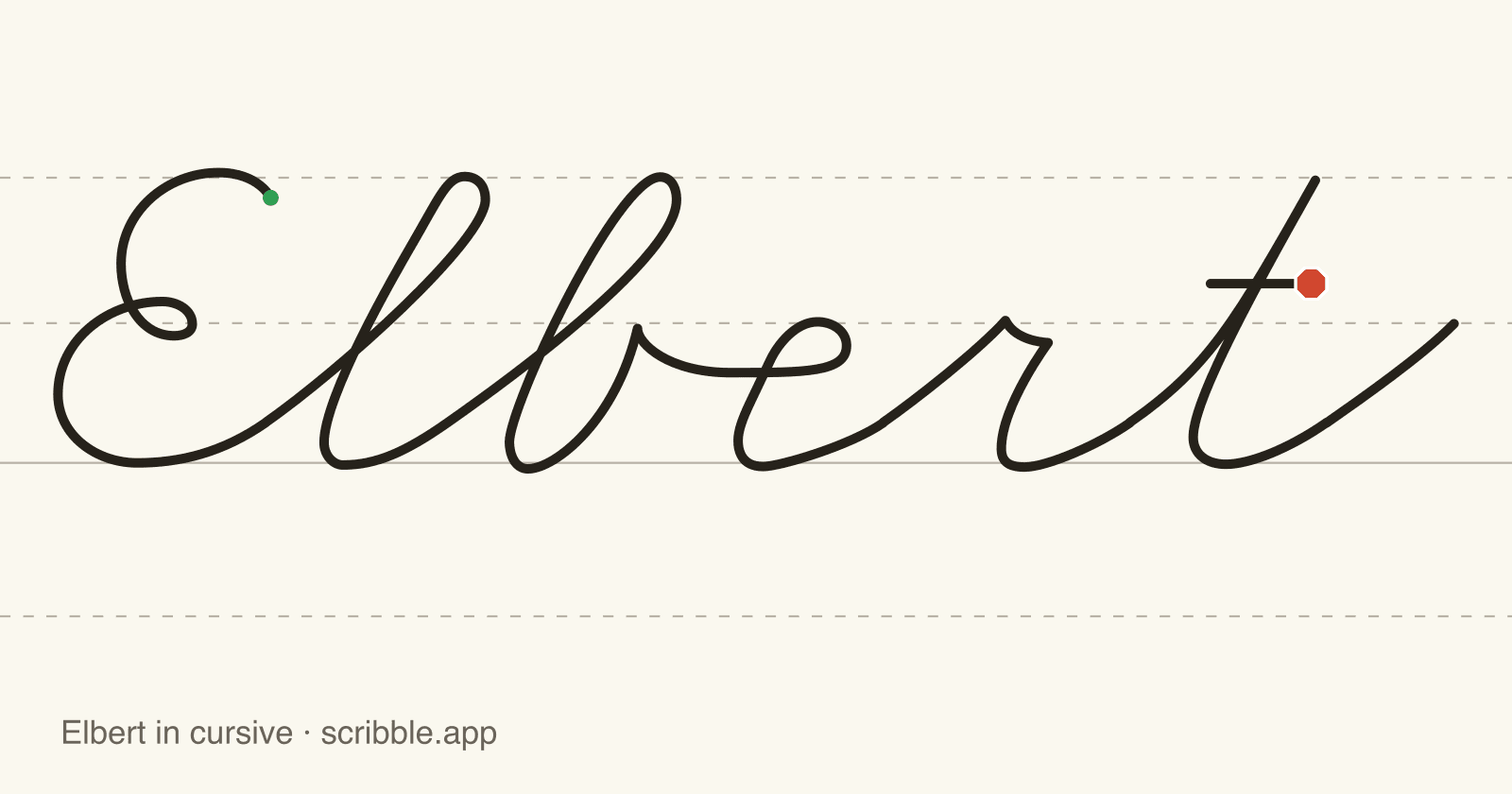 Elbert written in cursive on handwriting guidelines, with a green starting dot and a red stop sign