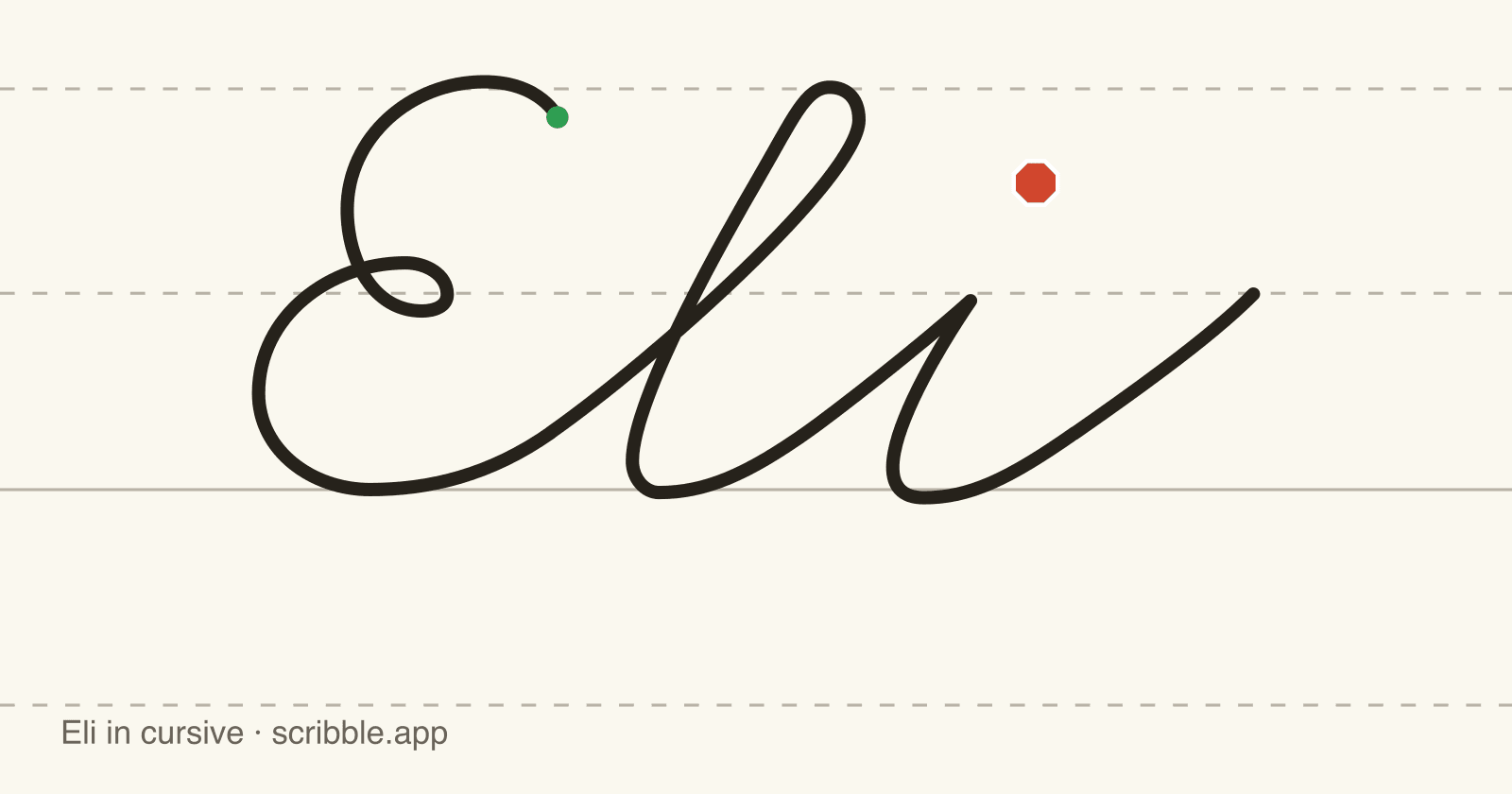 Eli written in cursive on handwriting guidelines, with a green starting dot and a red stop sign
