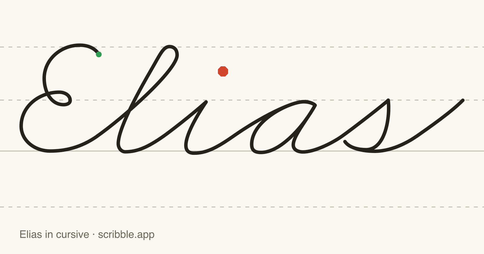 Elias written in cursive on handwriting guidelines, with a green starting dot and a red stop sign