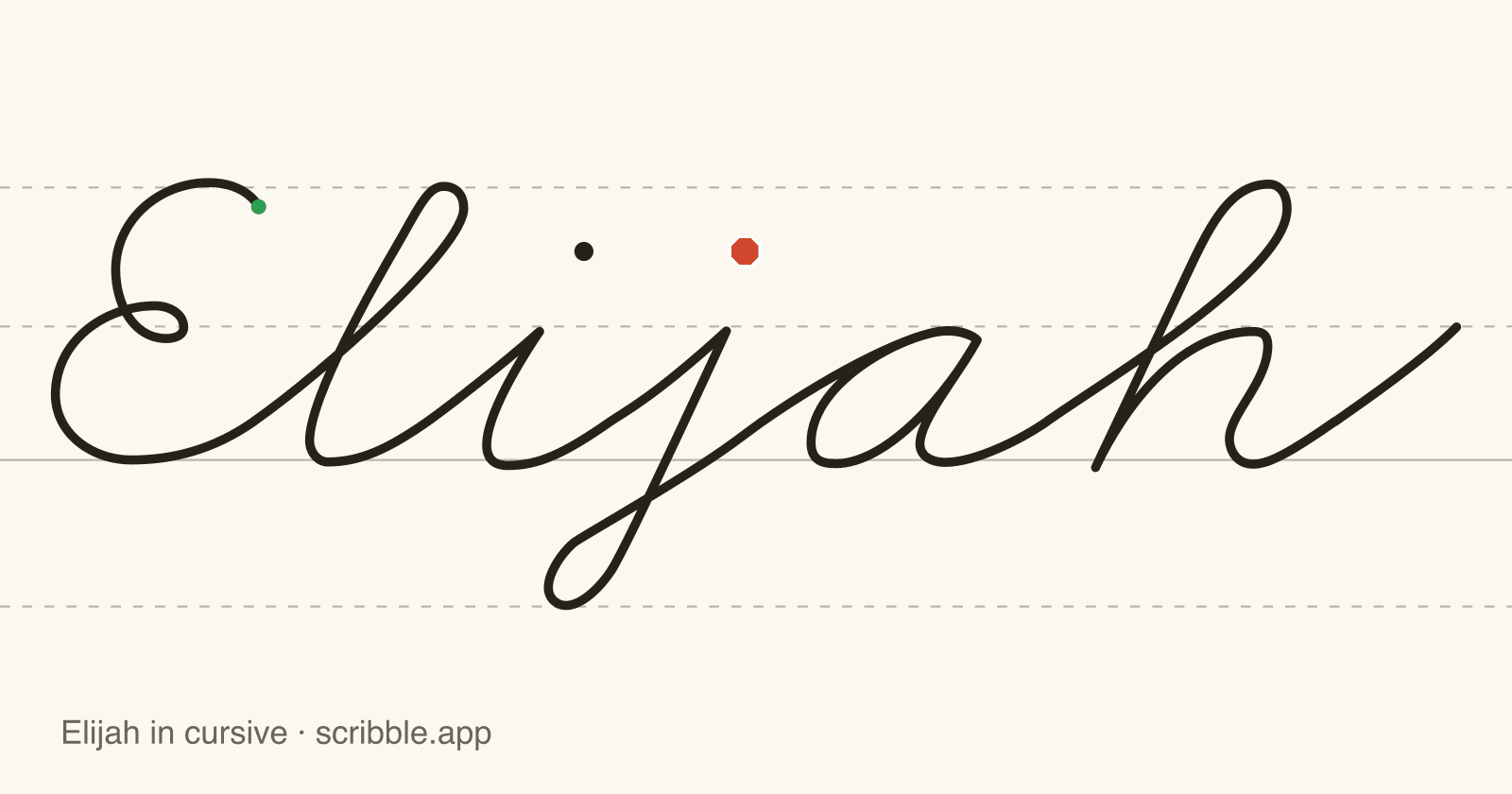 Elijah written in cursive on handwriting guidelines, with a green starting dot and a red stop sign