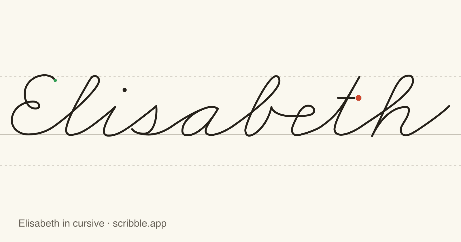 Elisabeth written in cursive on handwriting guidelines, with a green starting dot and a red stop sign
