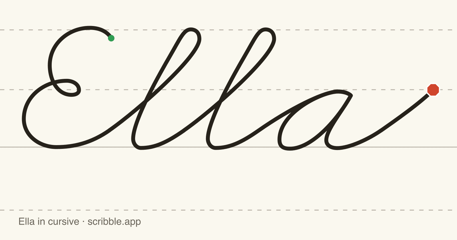 Ella written in cursive on handwriting guidelines, with a green starting dot and a red stop sign