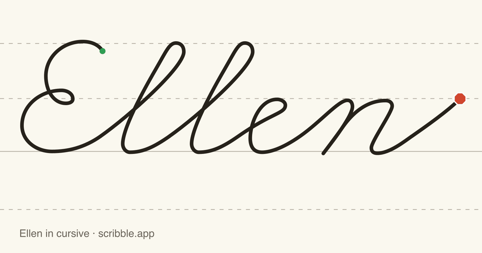 Ellen written in cursive on handwriting guidelines, with a green starting dot and a red stop sign