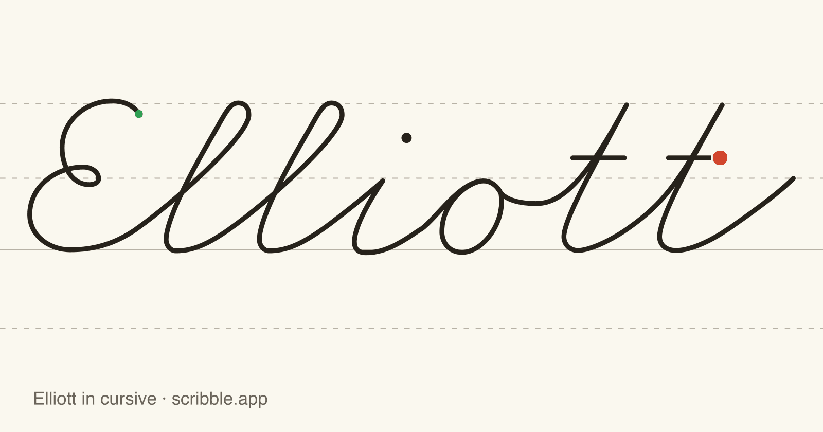Elliott written in cursive on handwriting guidelines, with a green starting dot and a red stop sign