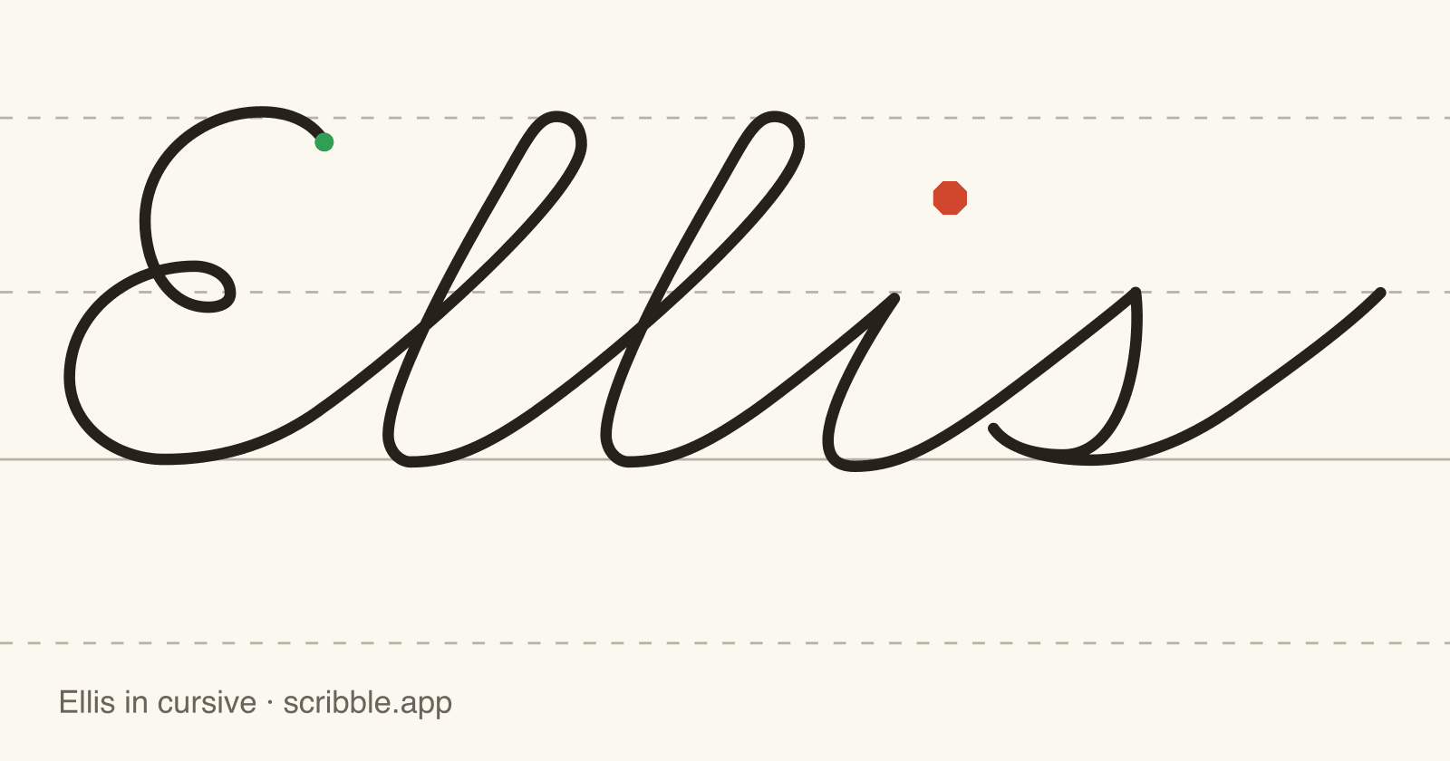 Ellis written in cursive on handwriting guidelines, with a green starting dot and a red stop sign