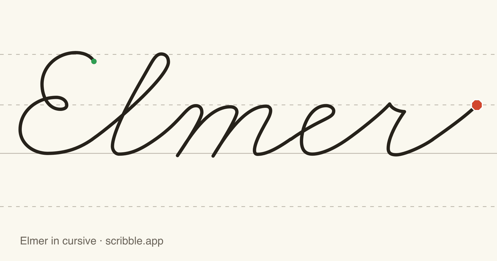 Elmer written in cursive on handwriting guidelines, with a green starting dot and a red stop sign