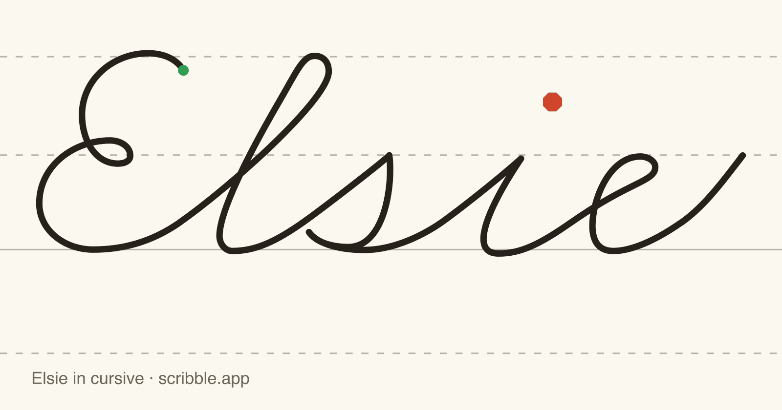 Elsie written in cursive on handwriting guidelines, with a green starting dot and a red stop sign