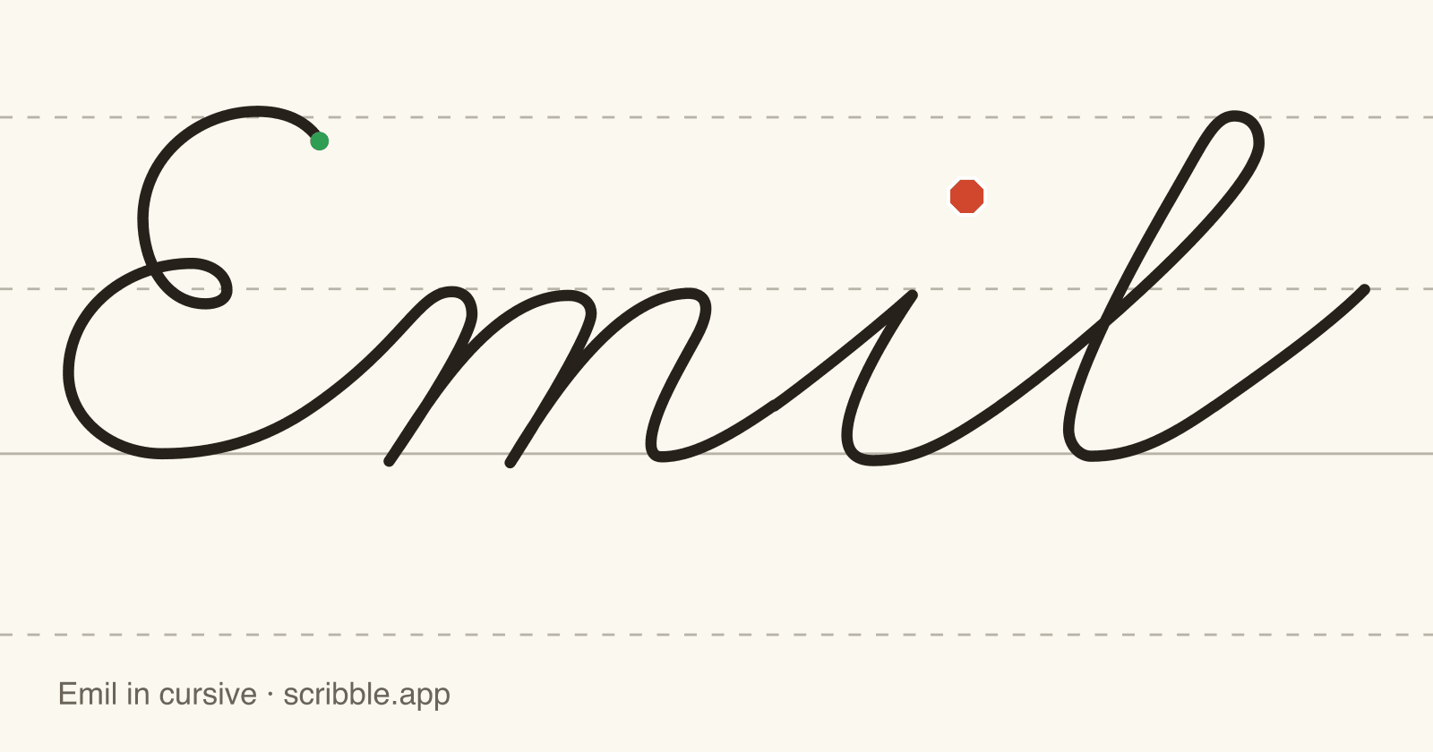 Emil written in cursive on handwriting guidelines, with a green starting dot and a red stop sign