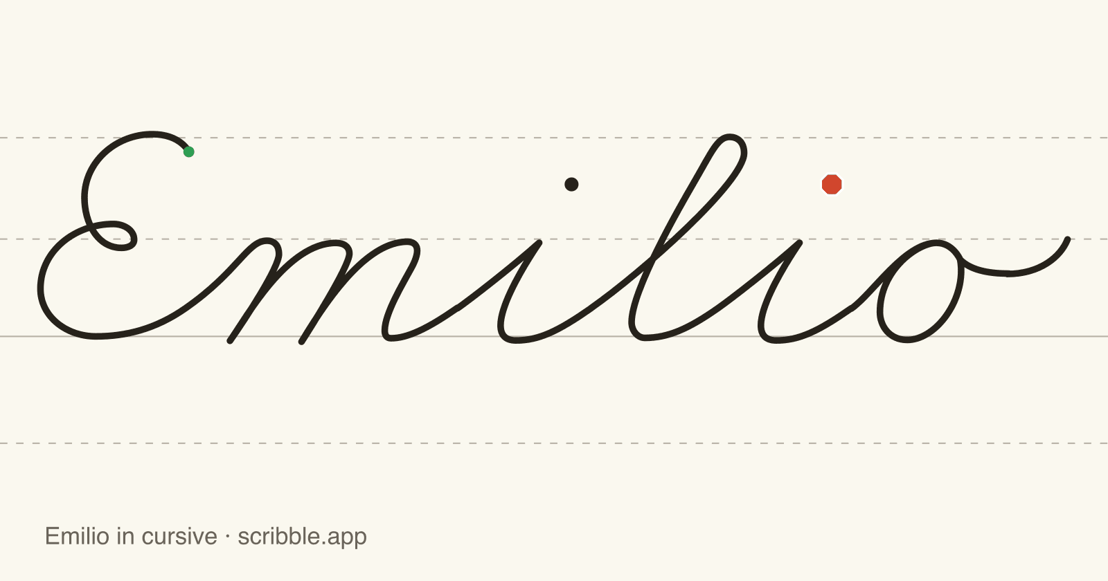 Emilio written in cursive on handwriting guidelines, with a green starting dot and a red stop sign