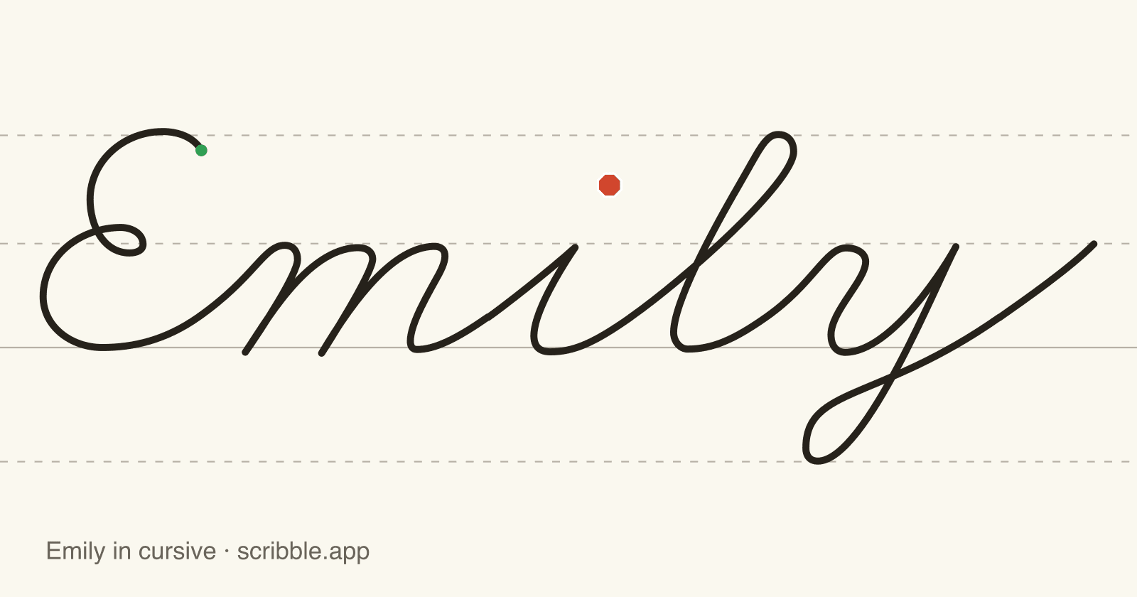 Emily written in cursive on handwriting guidelines, with a green starting dot and a red stop sign