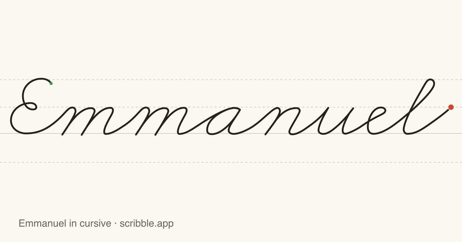Emmanuel written in cursive on handwriting guidelines, with a green starting dot and a red stop sign