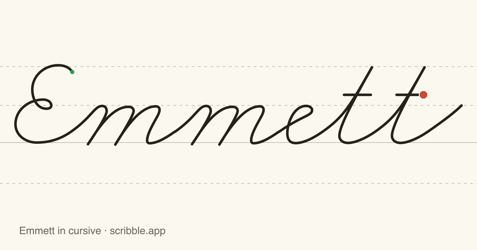 Emmett written in cursive on handwriting guidelines, with a green starting dot and a red stop sign
