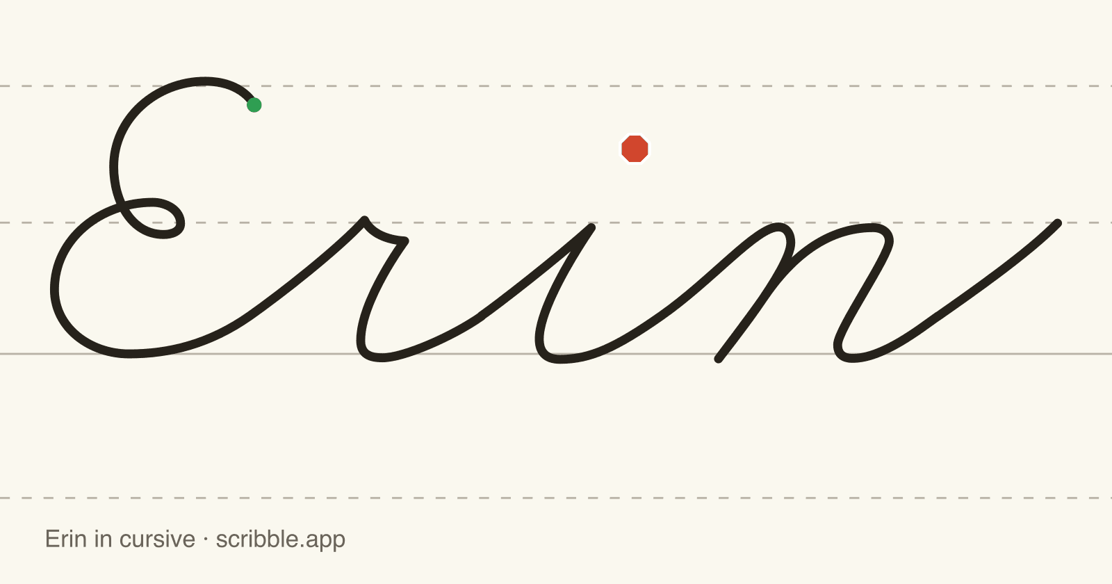 Erin written in cursive on handwriting guidelines, with a green starting dot and a red stop sign
