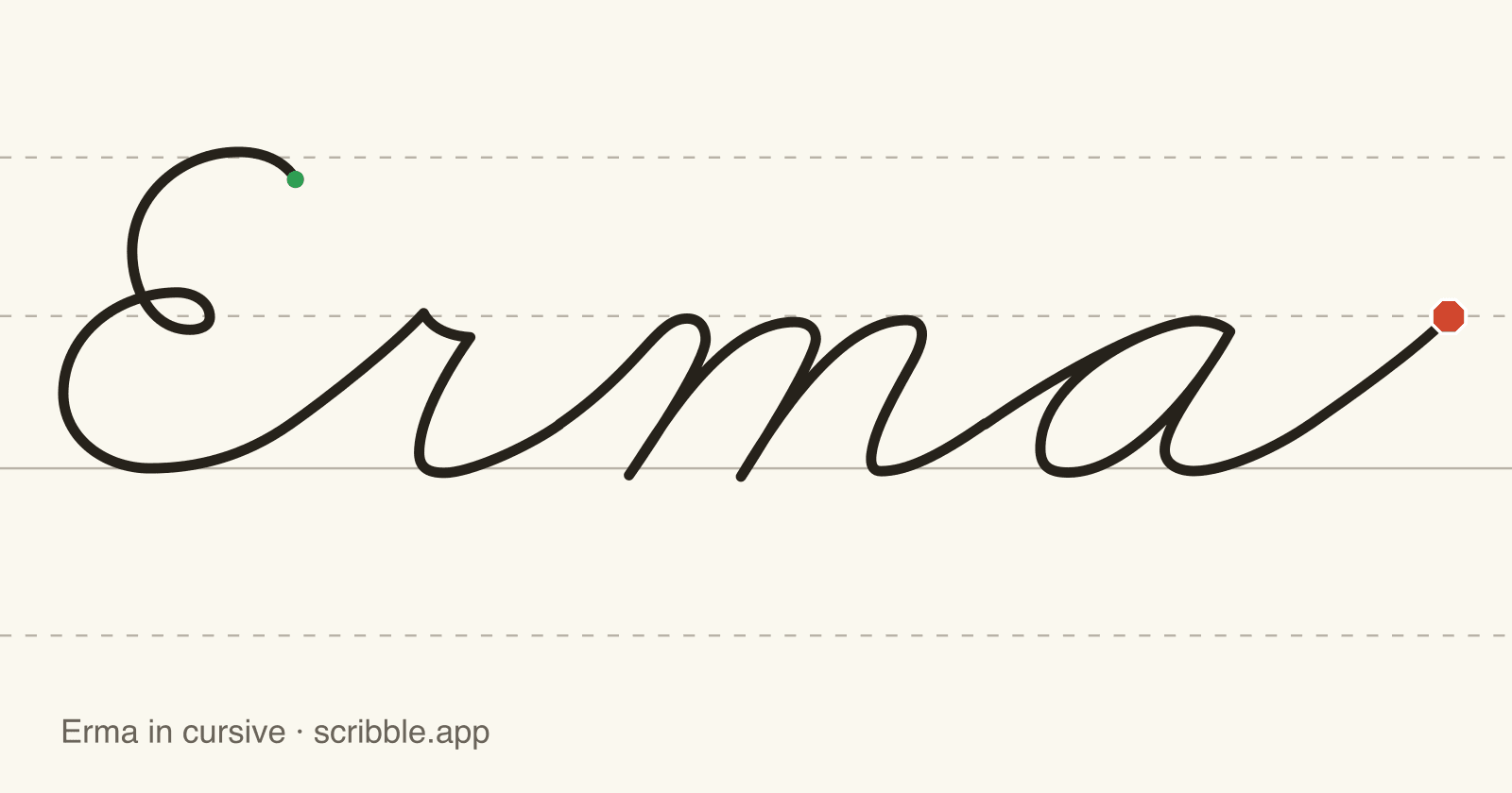 Erma written in cursive on handwriting guidelines, with a green starting dot and a red stop sign