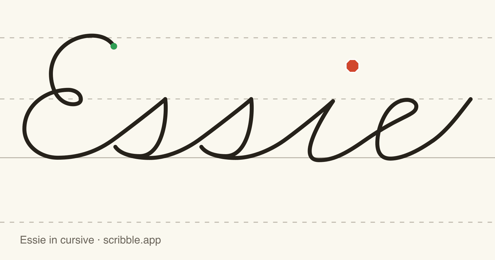 Essie written in cursive on handwriting guidelines, with a green starting dot and a red stop sign