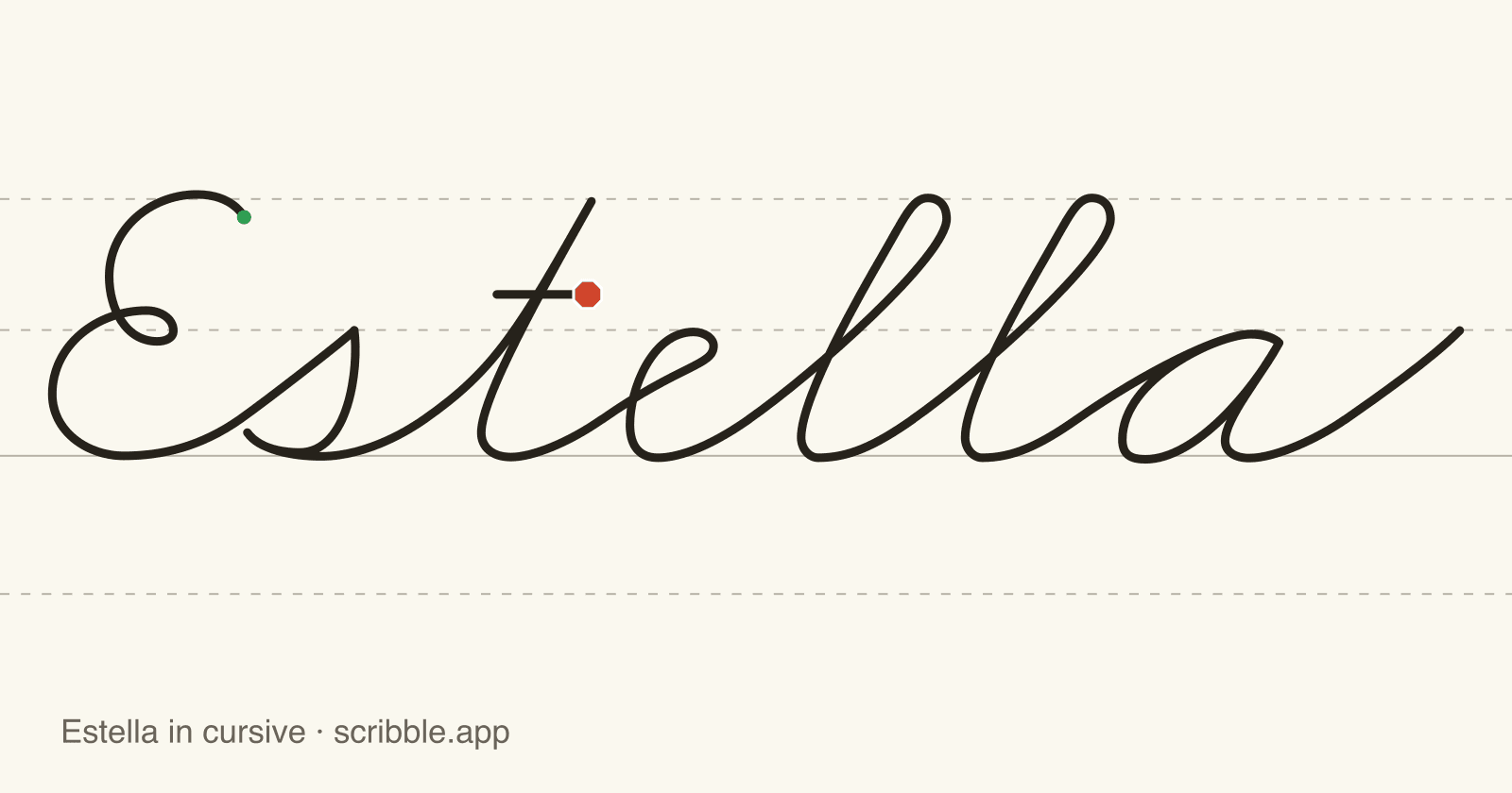 Estella written in cursive on handwriting guidelines, with a green starting dot and a red stop sign