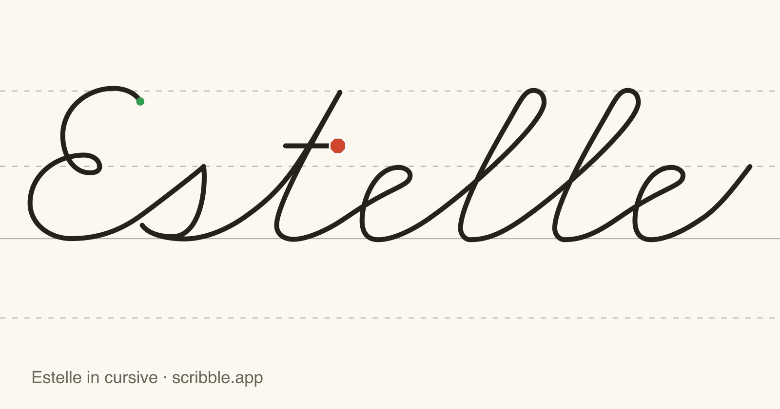 Estelle written in cursive on handwriting guidelines, with a green starting dot and a red stop sign