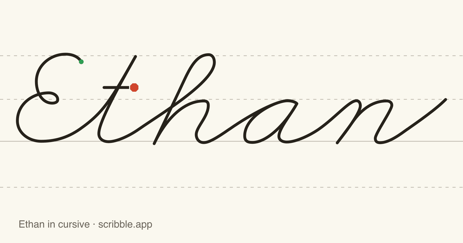 Ethan written in cursive on handwriting guidelines, with a green starting dot and a red stop sign