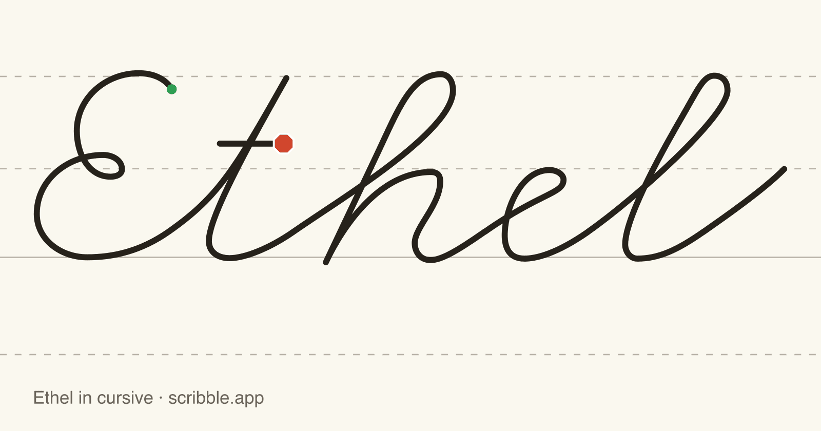 Ethel written in cursive on handwriting guidelines, with a green starting dot and a red stop sign