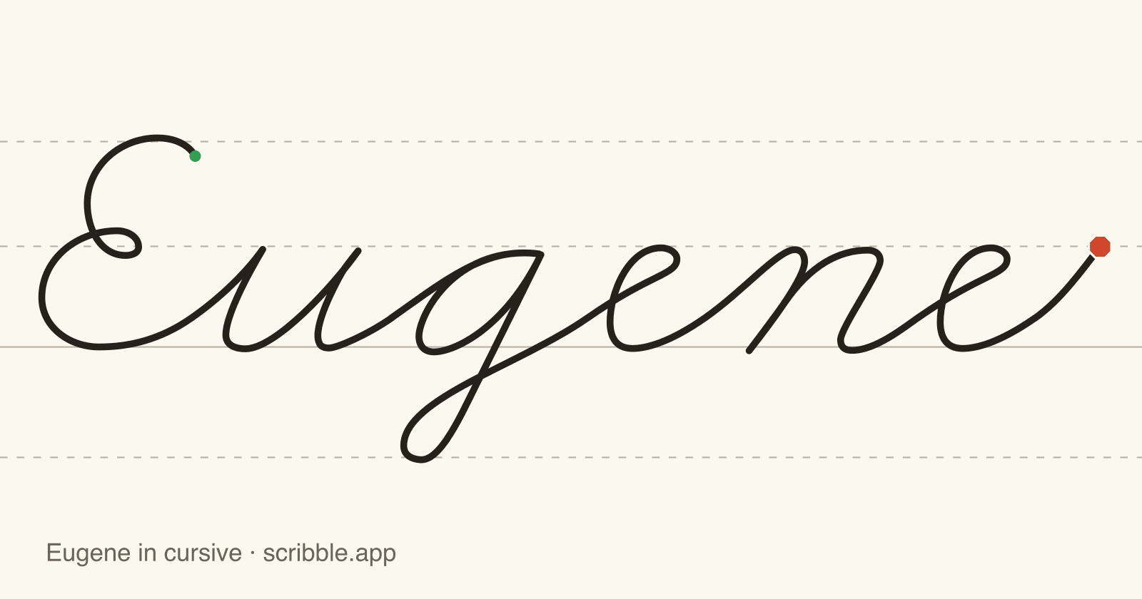 Eugene written in cursive on handwriting guidelines, with a green starting dot and a red stop sign