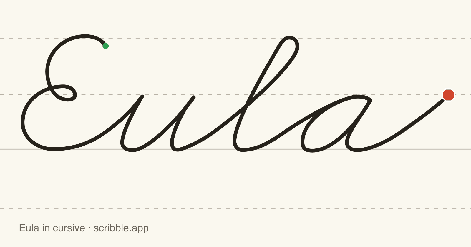 Eula written in cursive on handwriting guidelines, with a green starting dot and a red stop sign