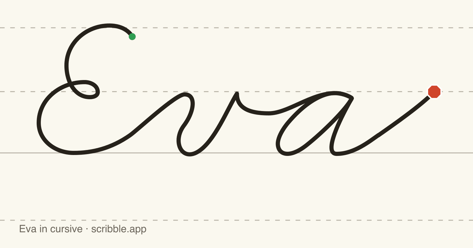 Eva written in cursive on handwriting guidelines, with a green starting dot and a red stop sign