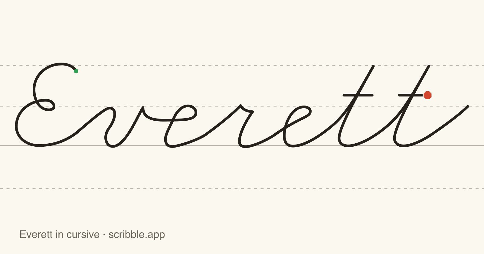 Everett written in cursive on handwriting guidelines, with a green starting dot and a red stop sign