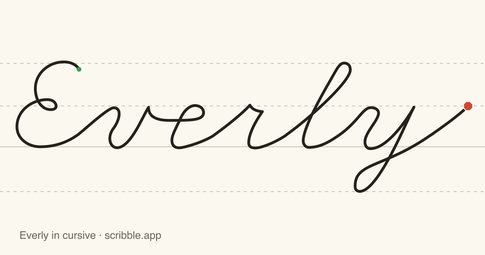 Everly written in cursive on handwriting guidelines, with a green starting dot and a red stop sign