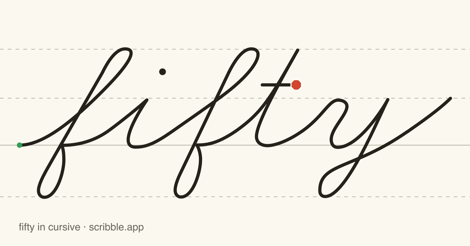 fifty written in cursive on handwriting guidelines, with a green starting dot and a red stop sign