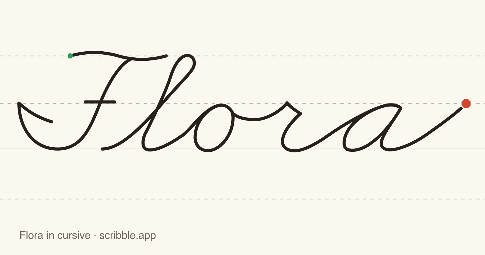 Flora written in cursive on handwriting guidelines, with a green starting dot and a red stop sign