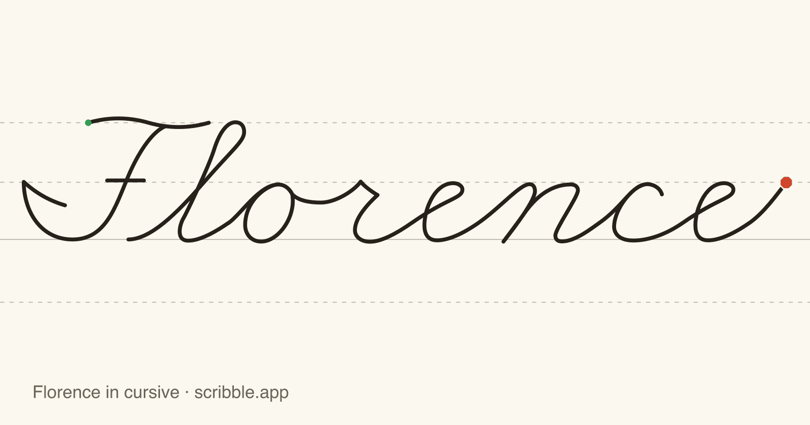 Florence written in cursive on handwriting guidelines, with a green starting dot and a red stop sign