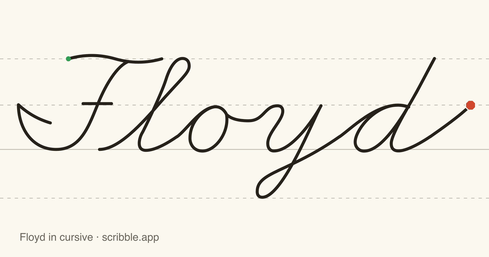 Floyd written in cursive on handwriting guidelines, with a green starting dot and a red stop sign