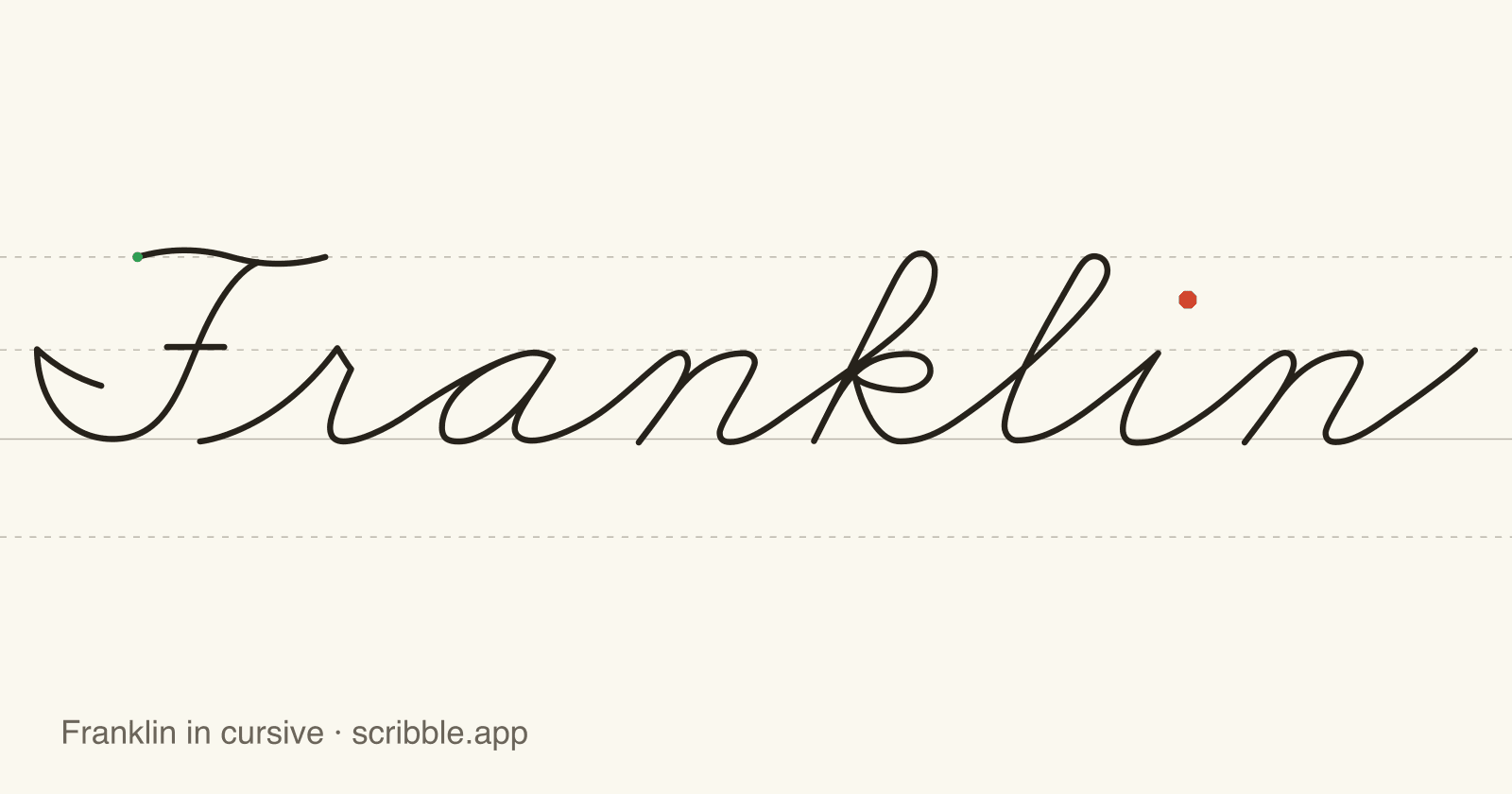 Franklin written in cursive on handwriting guidelines, with a green starting dot and a red stop sign