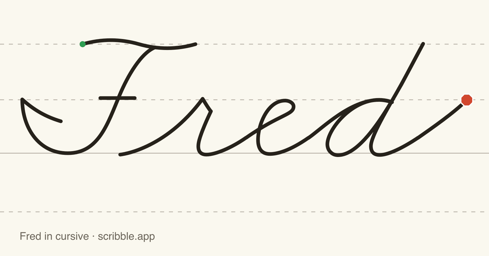 Fred written in cursive on handwriting guidelines, with a green starting dot and a red stop sign