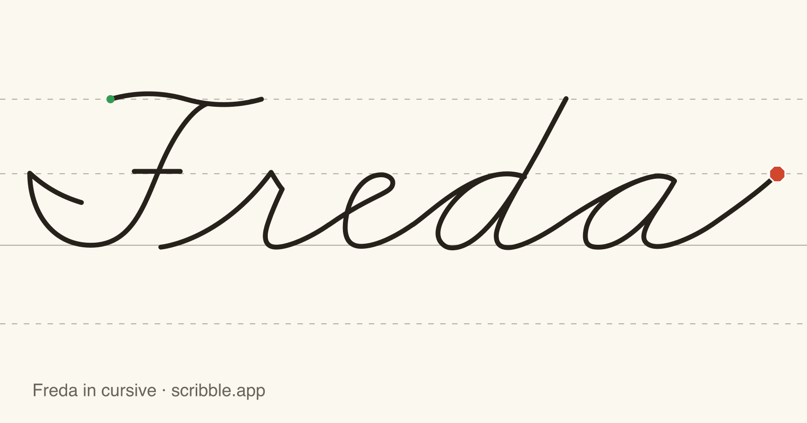 Freda written in cursive on handwriting guidelines, with a green starting dot and a red stop sign