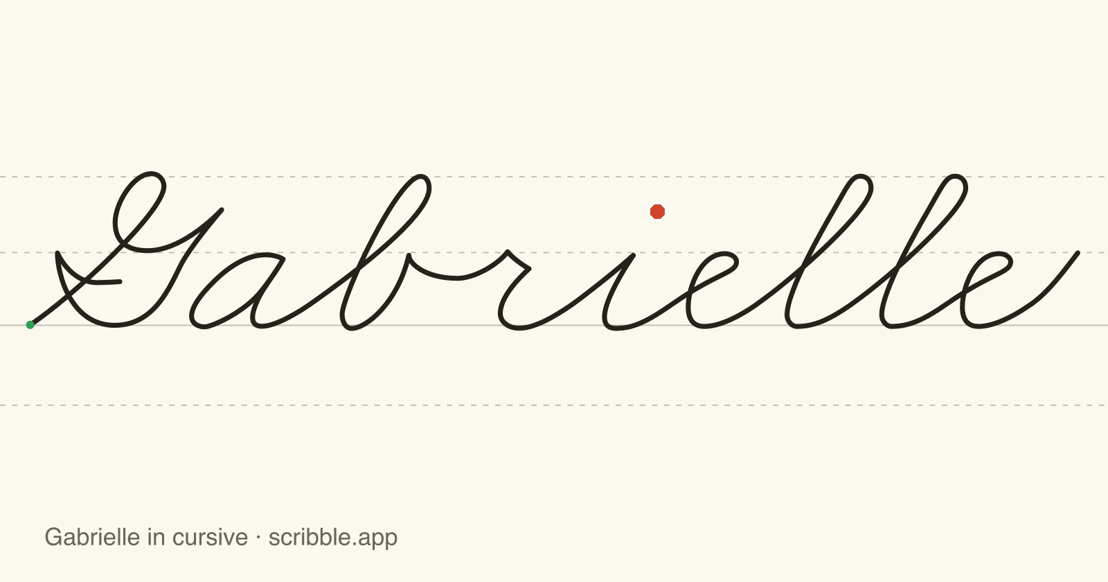 Gabrielle written in cursive on handwriting guidelines, with a green starting dot and a red stop sign