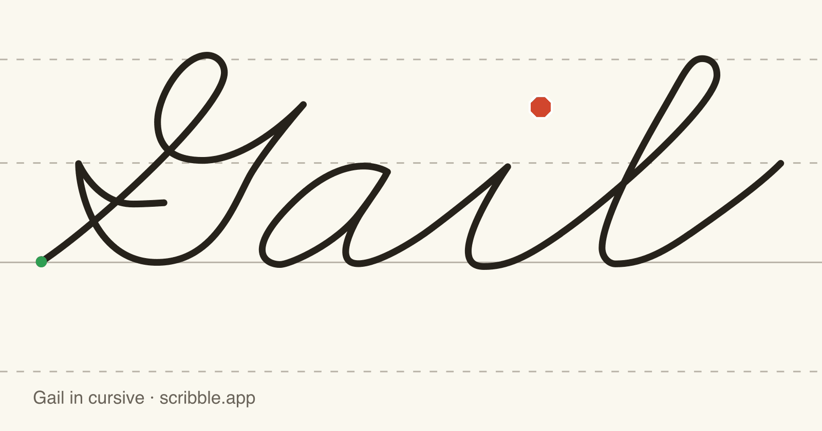Gail written in cursive on handwriting guidelines, with a green starting dot and a red stop sign
