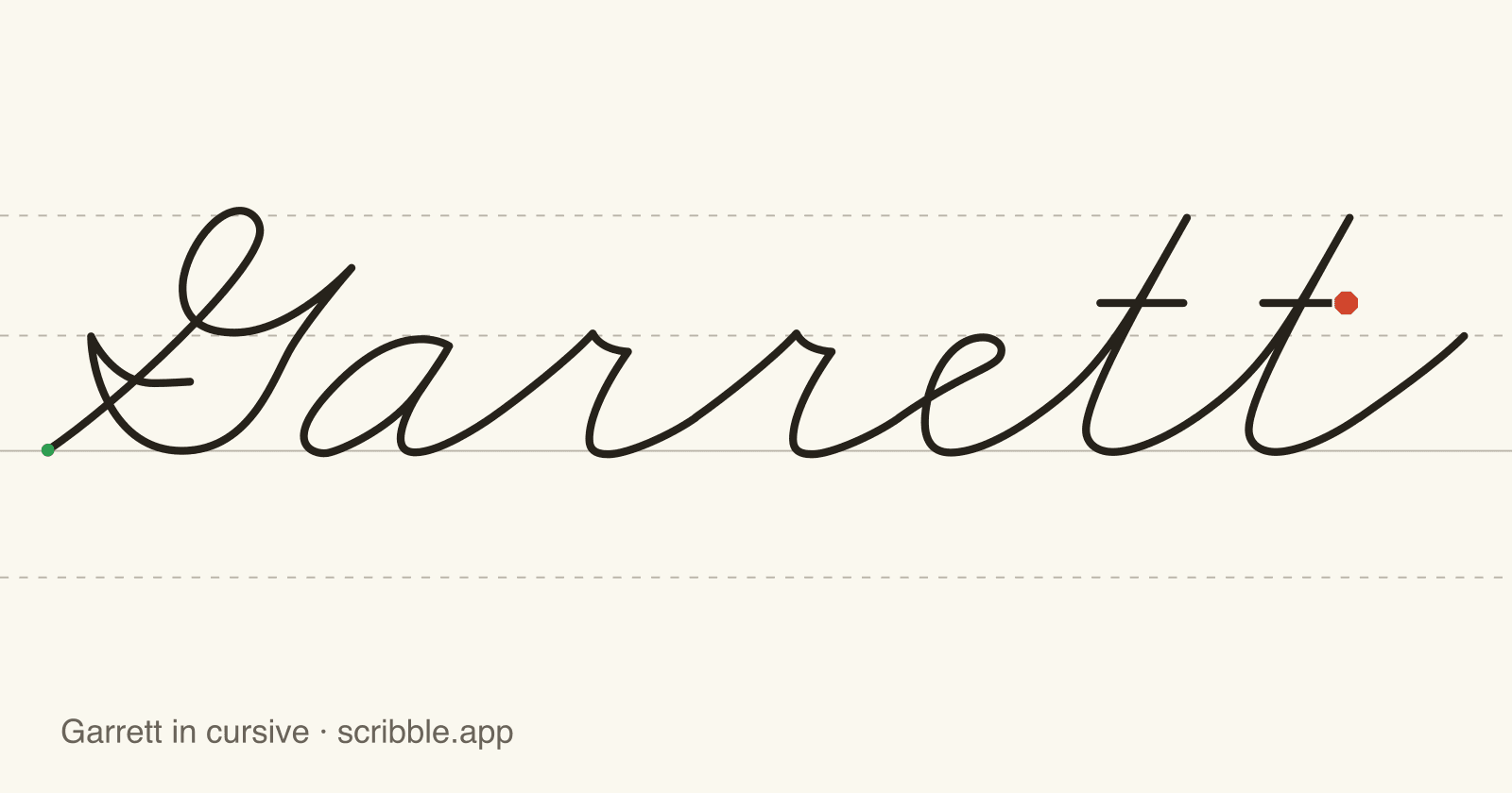 Garrett written in cursive on handwriting guidelines, with a green starting dot and a red stop sign